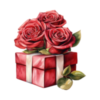 ai generiert rot Rosen auf ein rot Geschenk Box mit ein Bogen. ai generiert Bild png