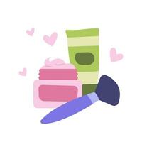 sencillo plano ilustración con un conjunto de productos cosméticos para maquillaje y piel cuidado vector