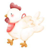 blanco gallo y pollo dibujos animados vistiendo bufanda en blanco antecedentes acuarela ilustración emoción png