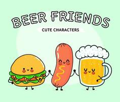 Cute, funny happy glass of beer, hamburger sausage. Vector hand drawn cartoon kawaii characters, illustration icon. Funny cartoon glass of beer, hamburger and sausage friends concept