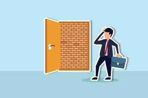 Business dead end, no way to exit or big mistake and wrong decision, obstacle and difficulty to overcome concept, businessman open exit door and found brick wall blocking the way. vector