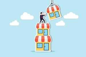 Build up business, expand or growing company empire, organization growth or ambition and effort to improve sales, extension concept, ambitious businessman build up store on top of company stack. vector