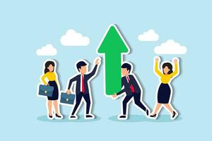 Business growth and risk to fall down, team success or career development, strategy to win big earning and profit or business challenge concept, businessman carry huge growing up arrow with colleague. vector