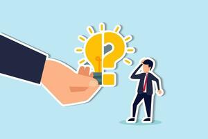 Business problem, idea, decision making and solution, job and career path concept, confusing businessman stand with question mark sign then helping hand put half of lightbulb lamp for bright solution. vector