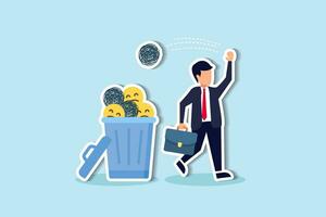 Get rid of work anxiety, stressed and unhappiness emotion, relax to gain happiness concept, happy businessman throw away stressed and anxiety into the bin. vector