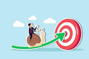 Slow business progress, laziness or procrastination, unproductive or efficiency concept, tried businessman riding snail slow walking on arrow to reach target. vector