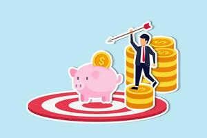 Financial goal or target, success in saving and investment or achieve finance independence concept, happy businessman investor holding arrow on stack of coins with piggy bank on bullseye dartboard. vector