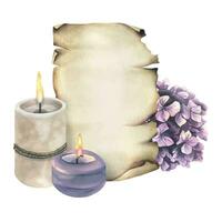 Sheets of old tissue paper with jagged edges, lit candles and pink hydrangea flowers. Hand drawn watercolor illustration. Template, frame vector