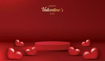 Happy valentines day and stage podium decorated with heart shape. pedestal scene with for product, cosmetic, advertising, show, award ceremony, on red background and light. vector design.