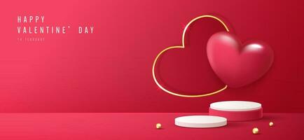 contento san valentin día y etapa podio decorado con corazón forma. pedestal escena con para producto, cosmético, publicidad, espectáculo, premio ceremonia, en rosado antecedentes y ligero. vector diseño.