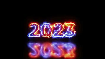 nieuw jaar kleurrijk neon lichten 2023 weergegeven in blauw en roze laser of fluorescerend licht tonen een doos patroon Aan een zwart achtergrond. video