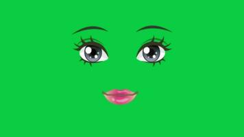 lindo menina desenho animado fofa face falando ciclo animação em verde tela fundo video