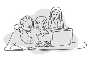uno línea imagen de un hombre y dos mujer trabajando en un ordenador portátil vector