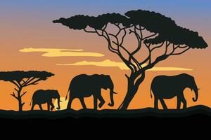 ilustración de elefantes y árboles' silueta en el sabana durante el noche vector