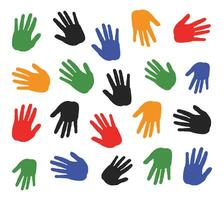 Illustration background of hands in red, blue, green, yellow, black,and orange colors on a white background vector