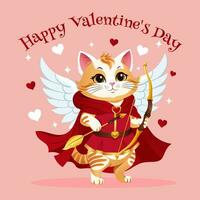 Valentines Day card with cute cat Cupid. Gaming anime character. A cat in a red cloak with a bow and an arrow. Vector illustration.