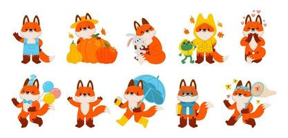 Cute mascot fox. Cartoon red foxes character. Funny and happy little fall walking animal. Foxy emotional forest mammal with pumpkins and friends. Autumn stickers. Vector set