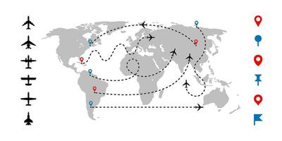 World map and plane. Airplane dashed route line and various map pins. Aircraft silhouette icons and destination tracks. Transportation infographic vector set