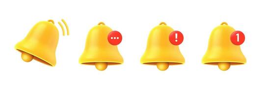 3d notification bell icon. Yellow ringing bell render with new subscription notification, social media reminder, alert. Realistic vector ui phone icons