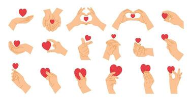 Cartoon hands with heart. Red heart in expression hands, gesture poses showing and holding love shape. Romance design concept with palm and fingers for Valentines Day vector set