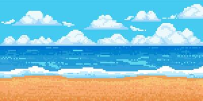 píxel mar paisaje. 8 bits Dom playa con ola, nube y arena. juego verano Oceano panorama. nublado azul cielo con horizonte antecedentes. píxeles isla escena. vector ilustración