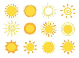 Cute sun. Hand drawn doodle yellow summer suns. Vector icons with sun rays isolated on white background