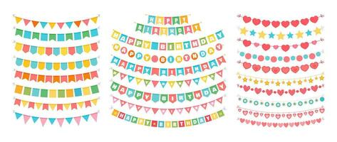 Bunting pennant and flag. Multicolored fabric bright triangles hang on birthday party. Festive handmade paper garlands string up and adorn for graduation. Vector set