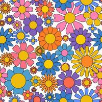 maravilloso flor antecedentes. retro hippy 70s sin costura modelo. sencillo miedoso 60s floral verano imprimir, color popular Clásico primavera margarita repetir textura. bonito flores vector ilustración