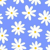 Pattern daisy. Simple flower print. White chamomile on blue seamless background, spring flowers repeat fabric texture, doodle bloom flat wallpaper. Vector illustration