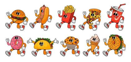 Retro cartoon fast food. Vintage 60s food mascot characters. Groovy 70s stickers in trendy style. Comic soda, crazy burger, psychedelic hot dog, cute pizza face. Vector set