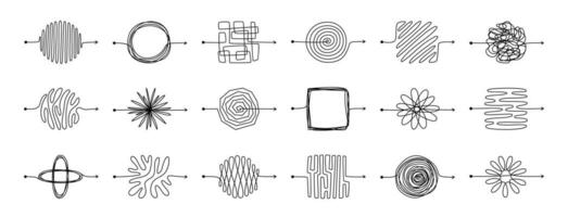 Messy scribble arrow lines. Chaotic doodle line ravel tangle, hand drawn confused messy knot. Difficult route, curved scrawl path chaos concept. Vector set