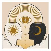 Mystical concept with celestial human. Abstract spiritual magic silhouette with moon, sun and mind connection. Esoteric galaxy texture. Day and night. Vector illustration