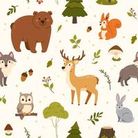 bosque animales sin costura modelo. bosque ciervo, liebre y oso, lobo y búho, ardilla y hongos, bellotas y verde hojas, arboles vector textura para niños fondo de pantalla