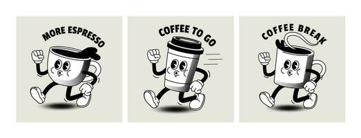 dibujos animados café personaje. cómic Clásico estilo café a Vamos póster. retro concepto con desayuno bebidas en taza para cafetería. caminando mascota capuchino tomar lejos. vector ilustración