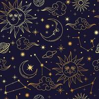 Magic astrology seamless pattern. Art cosmic space background with sun, moon, star, planet and constellations. Decorative galaxy celestial esoteric elements. Vector print