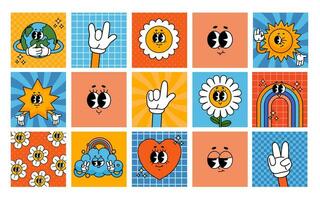 Cartoon groovy cards. Vintage 70s comic characters on posters. Funny retro flower, daisy, heart, rainbow, hands and trendy elements. Psychedelic sticker vector set