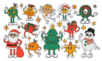 Christmas retro element. Cartoon groovy 30s cute characters. Holiday symbols, new year stickers. Vintage Santa Claus and funny snowman, xmas angel, mascot tree and gift. Vector set