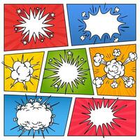 Comic page with speech bubble. Cartoon empty clouds and dialog bubbles on colorful backgrounds. Superhero scene with halftone and radial effects, explosion. Vector template