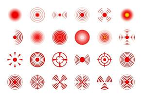 dolor círculo. rojo dolor lugares, dolor de cabeza y músculo, articulación herir punto con ondas, dolor objetivo anillos para analgésico pastillas medicina aislado vector conjunto