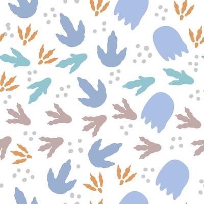 Seamless pattern dinosaur foot trace. Color kids background with dino footprint trace. Jurassic reptiles paw steps on pattern for fabric, wallpaper. Vector illustration