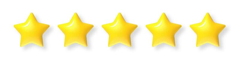 Five star rating. Glossy yellow gold 5 stars, customer rating feedback concept. Client satisfaction rate review, premium product UI vector isolated 3D elements