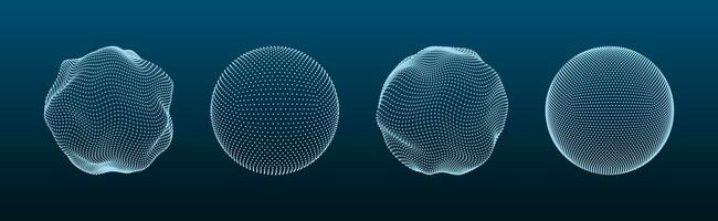 3D sphere mesh. Globe shapes with dots and line grid, orb wire structure models matrix futuristic concept. Digital polygonal balls with particles vector set