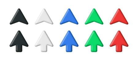 3d arrows. Realistic device multicolor pointers, 3d mouse cursor ui icons. Black and white, red and blue, green arrow interface symbols isolated vector set