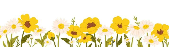 Wildflowers seamless border. Garden spring flowers, floral horizontal decoration. White and yellow beautiful daisies and chamomile with green leaves Vector illustration