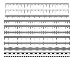 Measuring scale. Meter, centimeter and inch scales with division for ruler, tape measure and measuring precise instrument, map. Vector isolated template