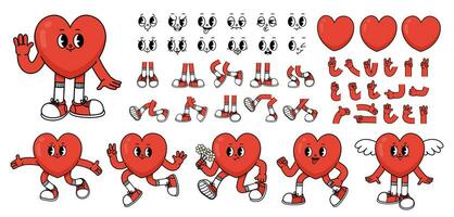 dibujos animados corazón caracteres. mascota corazones constructor, pegatina con mano y pierna, Organo con emoción rostro, enamorado amor emociones poses y expresiones personaje. vector conjunto