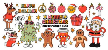 Groovy Christmas stickers. Comic vintage characters. Cartoon 40s retro Santa Claus, hippy xmas tree, holiday gingerbread, winter drink, abstract psychedelic elements, vector set