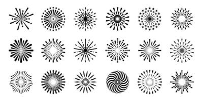 Firework. Firecrackers explosions in sky, celebration festival salute with sparkles. Christmas, Independence Day festive bursting light. Vector firework icons set