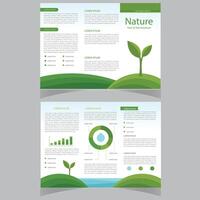 naturaleza tri doblez folleto diseño. verde azulado, naranja corporativo negocio modelo para tri doblez volantes. diseño con moderno circulo foto y resumen antecedentes. creativo concepto 3 doblada volantes o folleto. vector