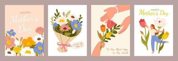 contento madres día póster. tarjetas con flor ramo, primavera flores silvestres, bailando mujer y niño mano dando ramo de flores a mamá. vector saludo madres día tarjeta